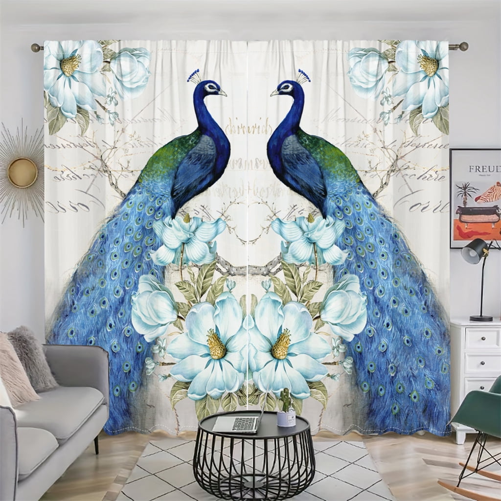 WNOOHIY Luxurious Vintage Blue Peacock Printed Window Curtains for Enhanced Privacy,Set of 2 Panels