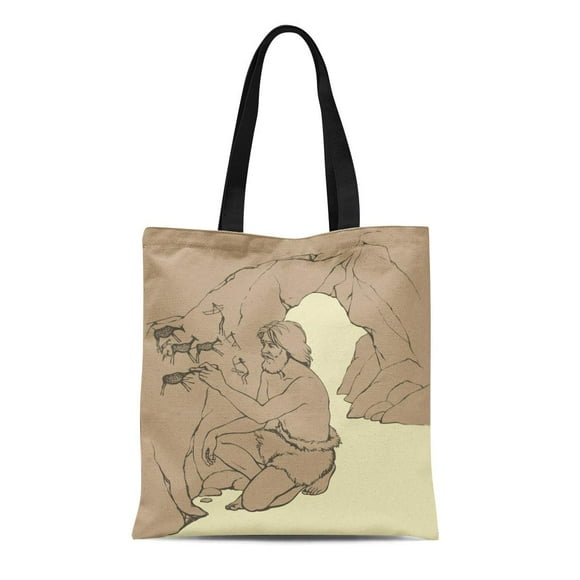 NUDECOR Canvas Tote Bag Outline Doodle Drawn Archaic Aged Male Person in Loincloth Reusable Shoulder Grocery Shopping Bags Handbag