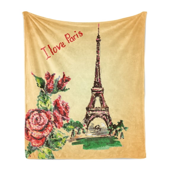 Vintage Soft Flannel Fleece Blanket, Love in Paris Lettering Eiffel Tower Macrame Effect Europe Watercolor Vintage, Cozy Plush for Indoor and Outdoor Use, 60" x 80", Orange Green Red, by Ambesonne