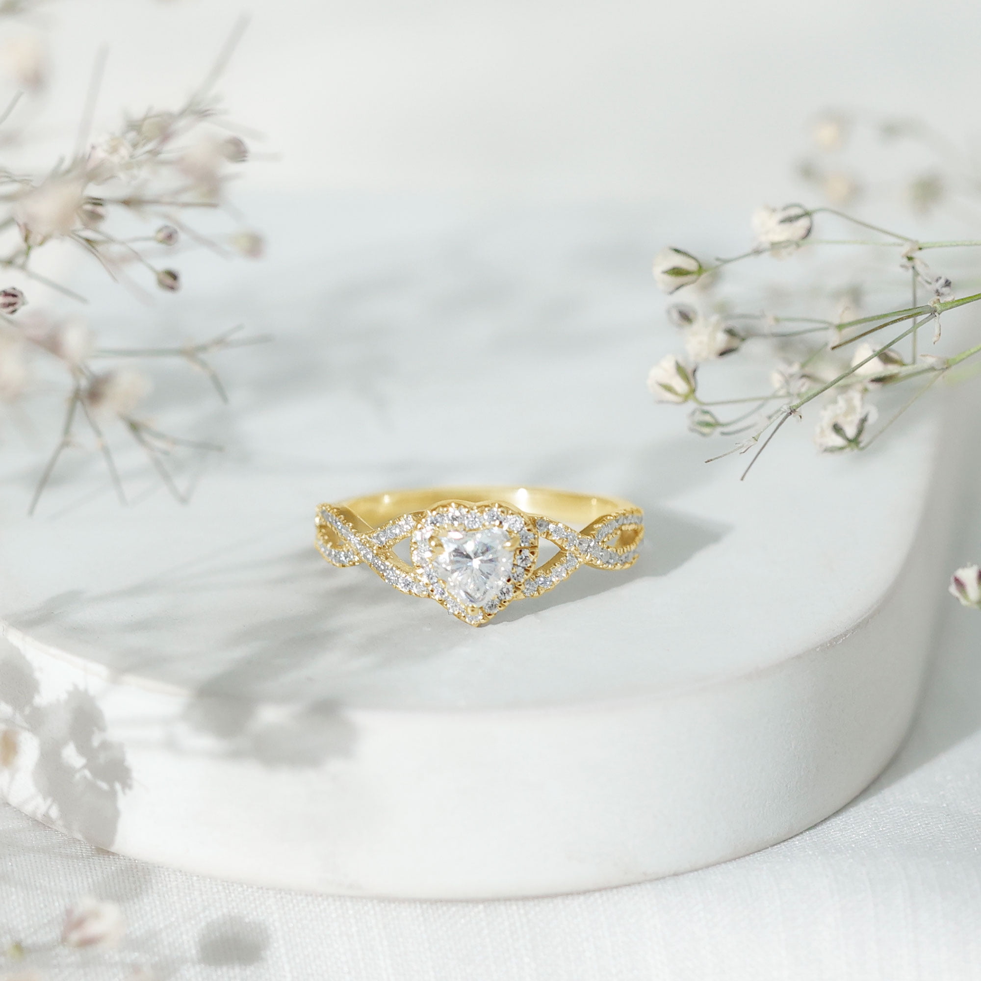 Rosec Jewels Moissanite Heart Engagement Ring for Women - 1/2 Carat - Moissanite Halo Crossover Ring - D-VS1 Grade, 14K Yellow Gold, US 9.00
