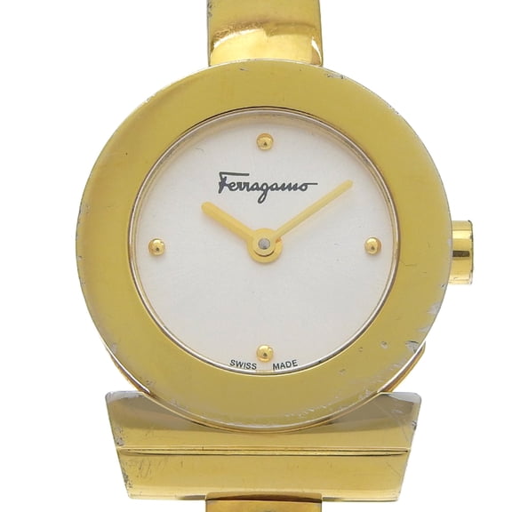 Pre-Owned Salvatore Ferragamo Gancini Bangle Watch FQ5 Gold Plated Quartz Analog Silver Dial...
