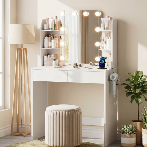 Akaber Makeup Vanity with Mirror and LED Lights, 3 Color Lighting, Power Outlet, Small Vanity Desk with 2 Drawers, 6 Shelves, Dressing Table for Small Spaces