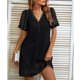 thumbnail image 3 of Vestido de encaje de lunares de manga corta con cuello en V,Vestido de encaje de manga corta con cuello en V corto para mujer Vestido de encaje de manga corta con cuello en V Funcionalidad versátil, 3 of 5
