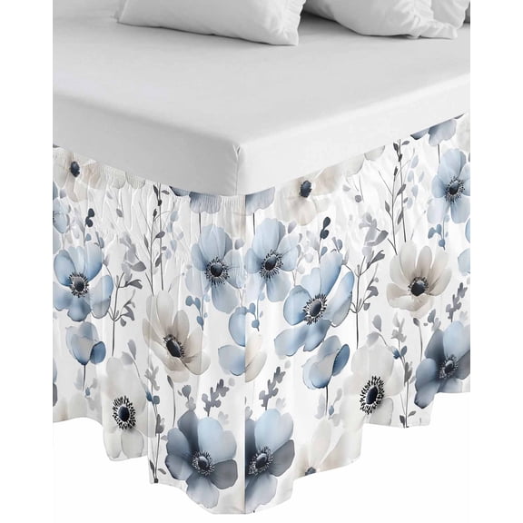 Blue Grey Spring Floral Wrap Around Bed Skirts for California King Bed 16" Drop,Bed Skirt with Adjustable Elastic Belt Dust Ruffle Bed Valance for Bedroom Summer Flowers Botanical Bed Frame Cover