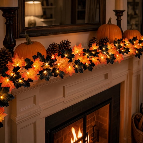 Halloween Lighted Black and Orange Maple Leaf Garland, Hanging Fall Vine Lights, Rattan Lamp for Thanksgiving Mantel Stair Decor