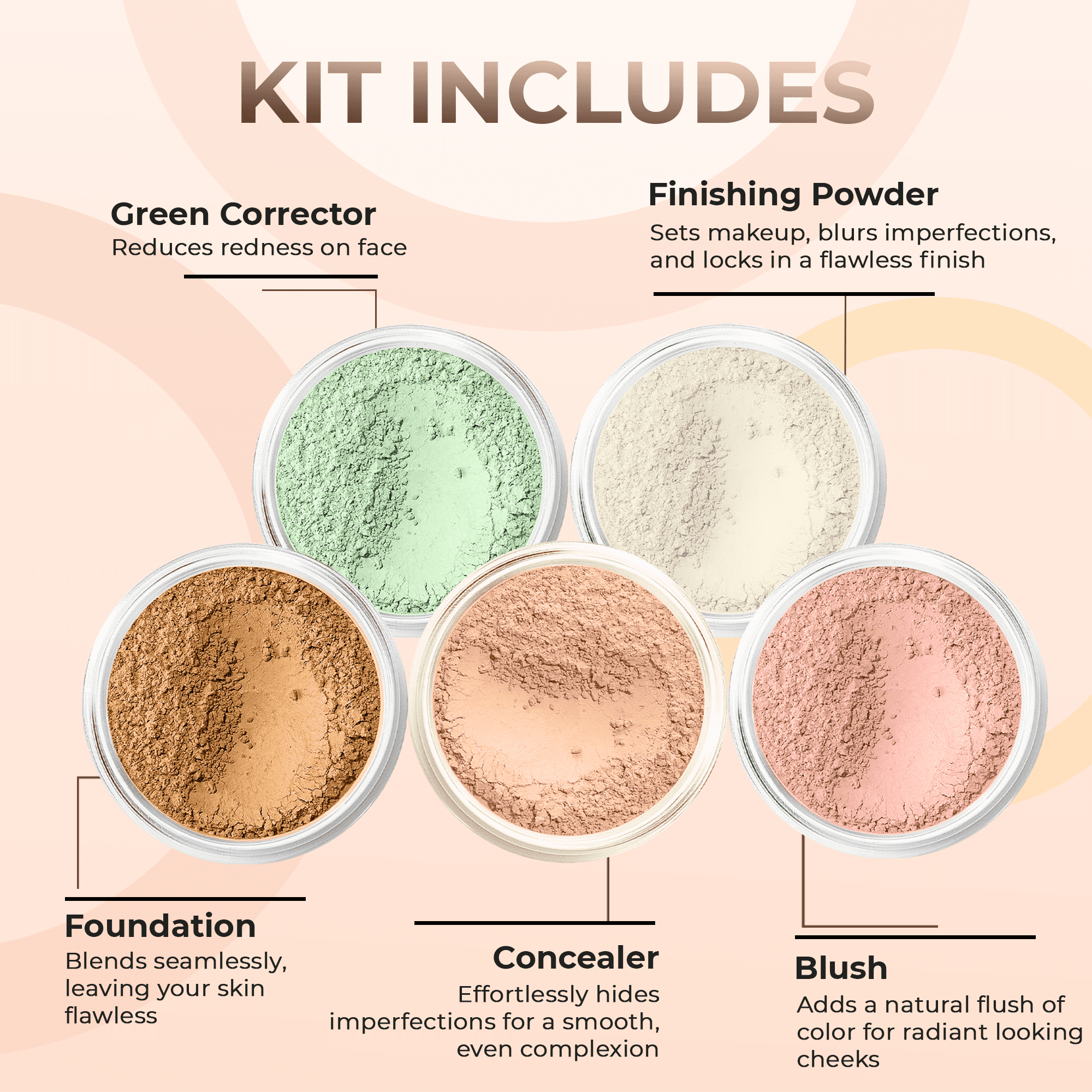 5pc KIT Mineral Makeup Bare Face Set Full Coverage Concealer Blush Foundation Illuminating Powder (Deep Tan)