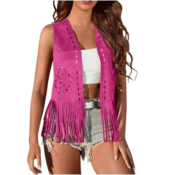 Women Hollow Tassel Vest Faux-Suede Fringe Jacket Boho Western Sleeveless Open Front Hippie Cardigan Hot Pink, M