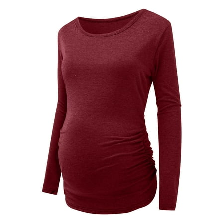 

NEGJ Women s Maternity Ruched Tunic Tops Mama Clothes Long Sleeve Scoop Neck Pregnancy T-Shirt