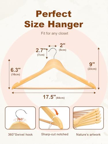 Wooden Hangers 10 Pack, Solid Wood Hanger with Non Slip Pant Bar, Heavy Duty Wooden Coat Hanger for Closet, Smooth Finish Wood Clothes Hangers for Shirts, Suits, Jackets, Dress, Natural