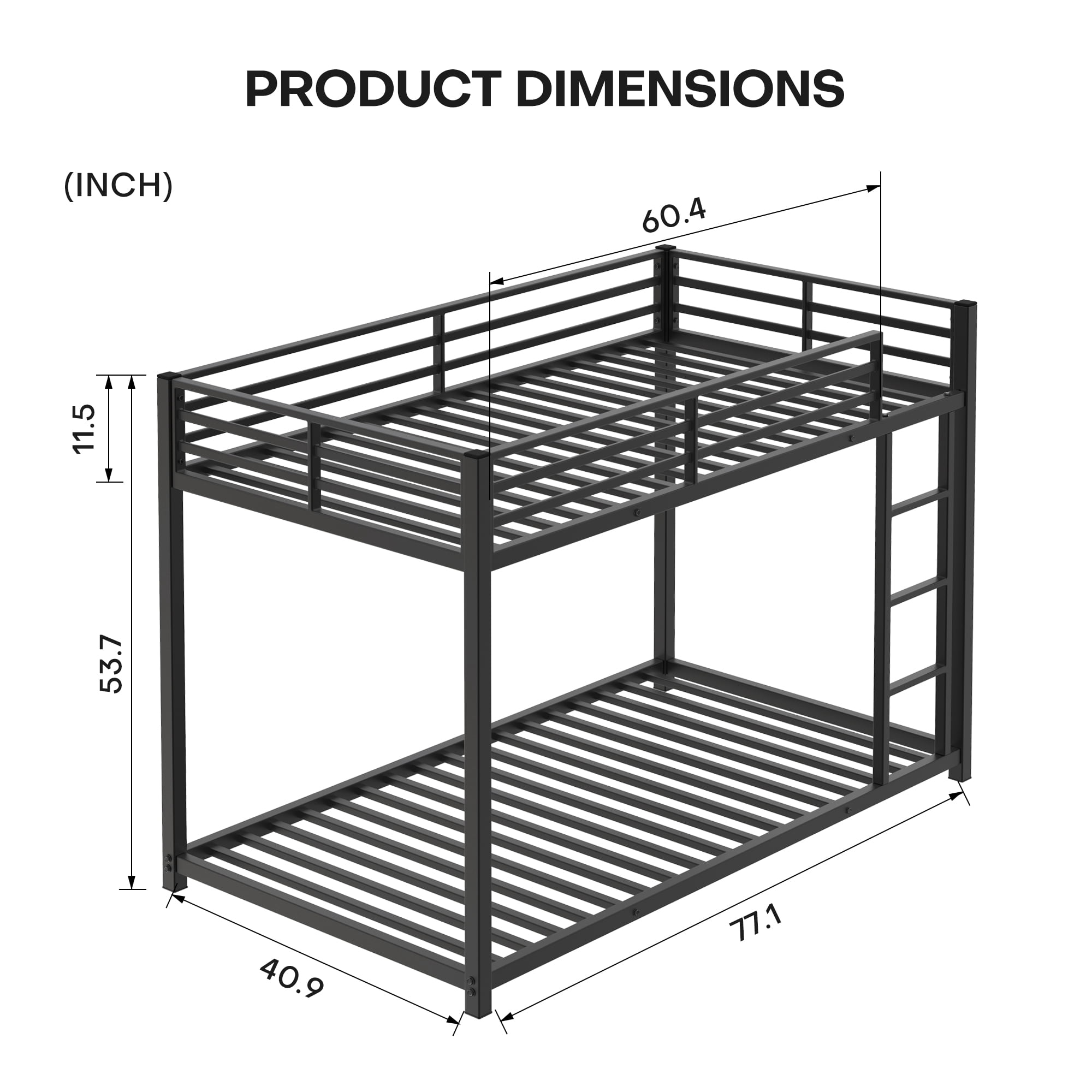 Miniyam Twin over Twin Metal Bunk Bed for Kids with Ladder and Safety Guardrails, Space-Saving Powder-Coated Steel Frame, Black