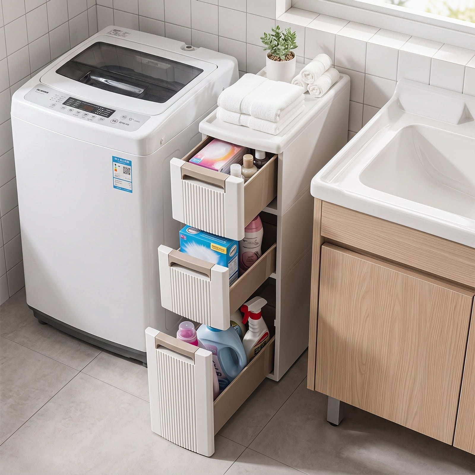 Vebreda Freestanding Bathroom Storage Cabinet, Narrow Storage Cabinet with Drawers and Removable Dividers, Multi-Layered Storage