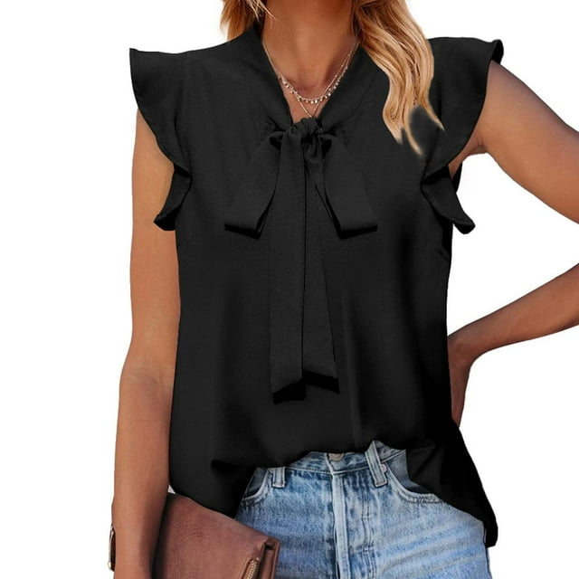 EGNMCR Débardeurs pour Femmes Blouses à Col Noué d'Été Sans Manches à Volants