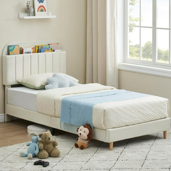 Twin Size Bed Frames,Velvet Upholstered Platform Bed Frame with Storage Headboard and Strong Wooden Slats