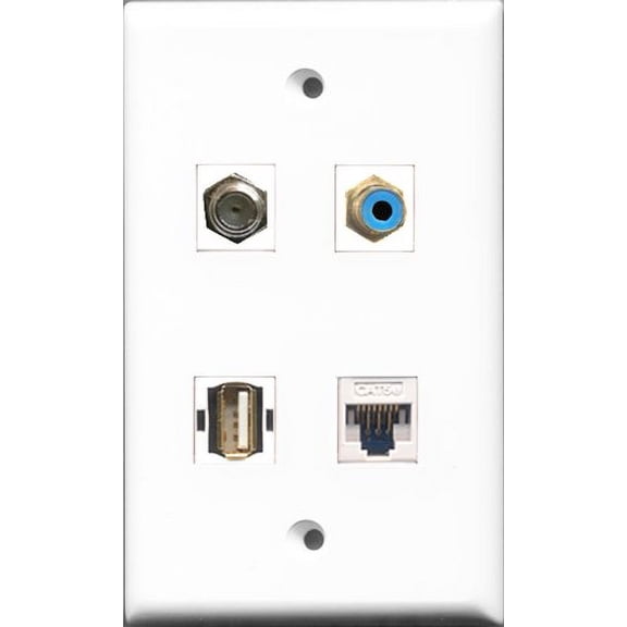 RiteAV 1 Port RCA Blue and 1 Port Coax Cable TV- F-Type and 1 Port USB A-A and 1 Port Cat5e Ethernet White Wall Plate
