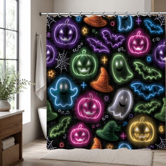 Halloween Shower Curtain for Bathroom, Neon Pumpkin Ghost Bat Pattern Fabric Shower Curtain, Spooky Party Bathroom Decor, Polyester Curtain 70.87 x 70.87 Inch