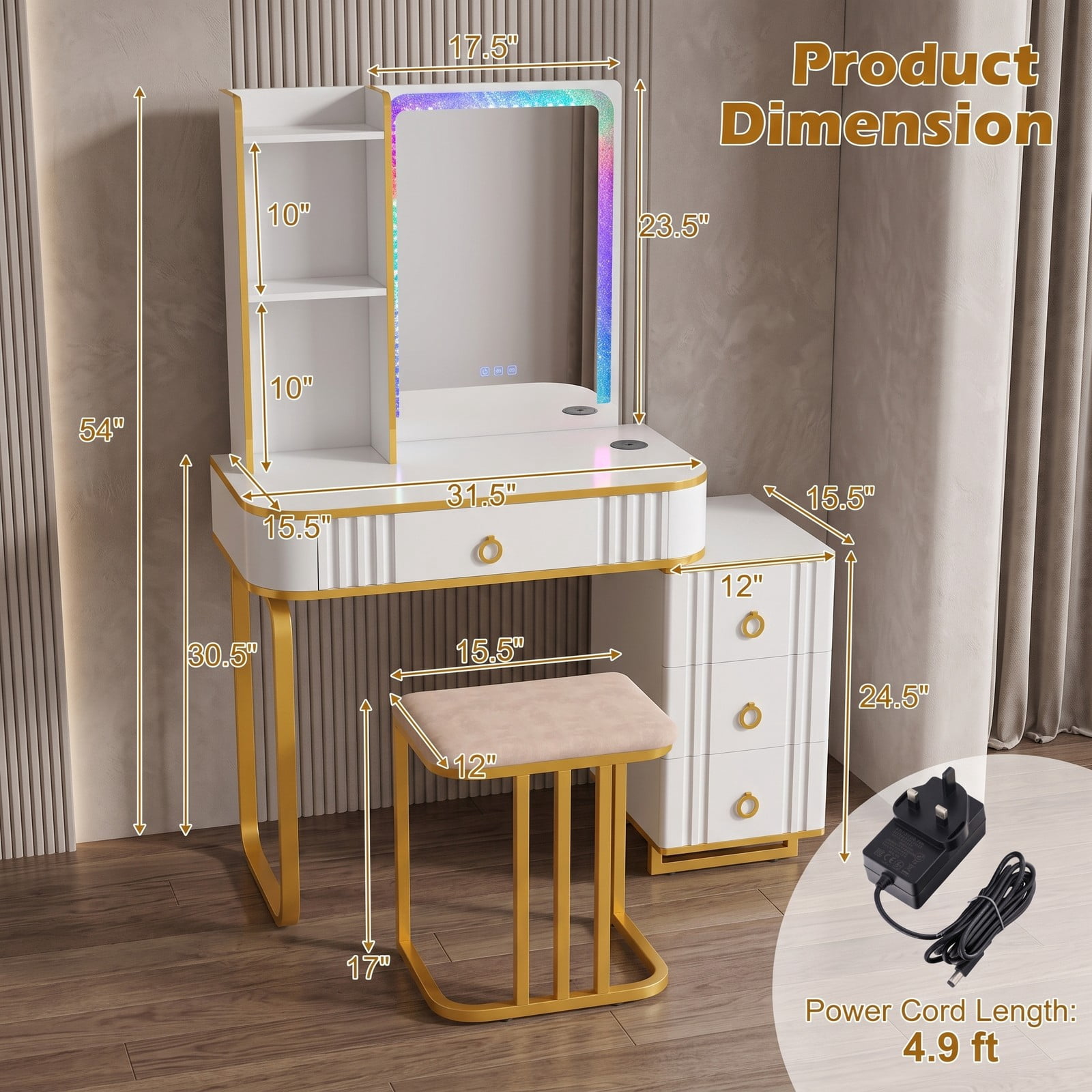 Furnibear Vanity Table Set with RGB LED Lights and Wireless Charging, Makeup Vanity Desk with Storage Shelves and Cushioned Stool, White