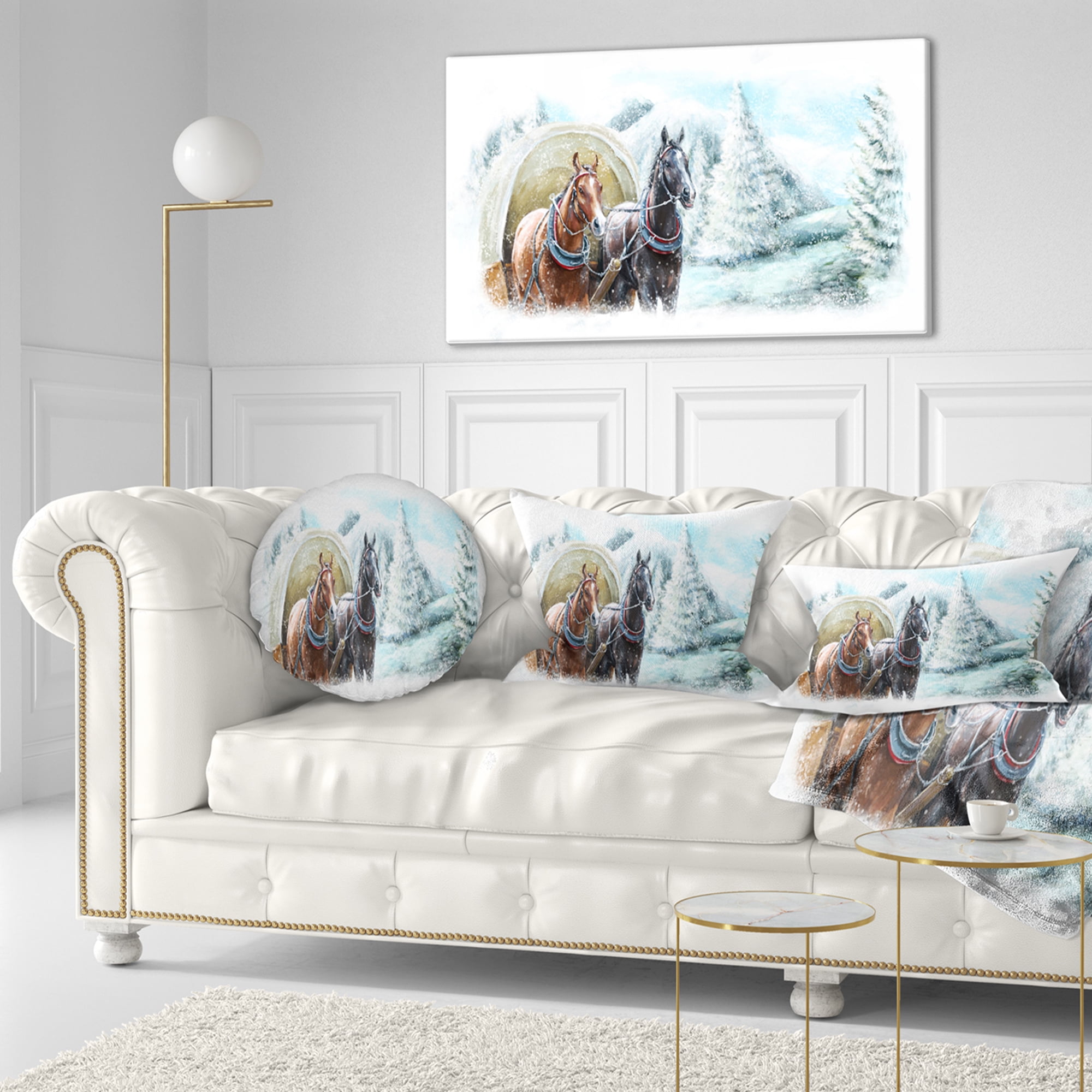 Designart Painted Scene with Horses in Winter - Landscape Printed Throw Pillow - 12x20