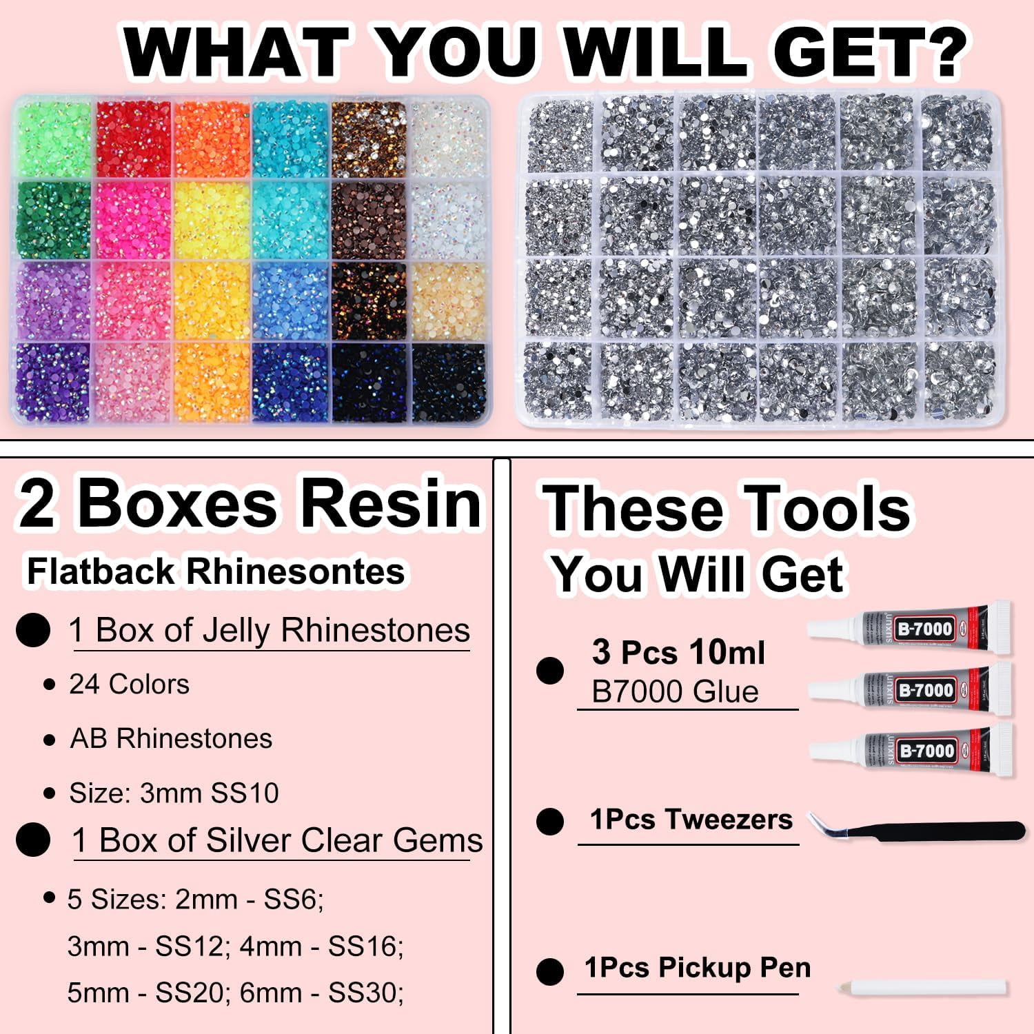 2 Boxes Rhinestones for Bedazzling Kits, Multicolor 3mm & Silver Clear 2/3/4/5/6mm Resin Flatback Gems for Diamond Art, Bedazzler Kit with 3Pcs 10ml B7000 Jewelry Glue for DIY Crafting Crafts Decor