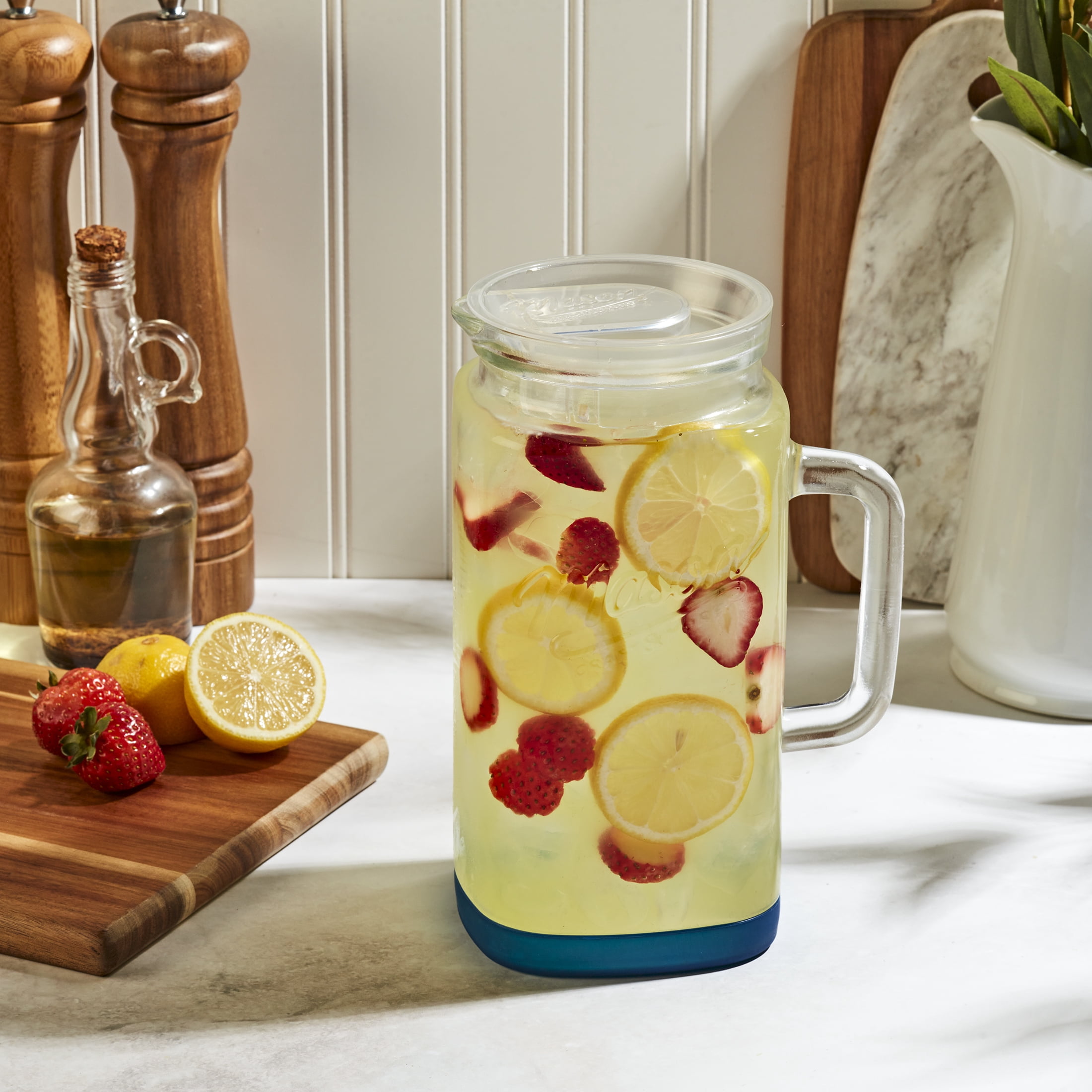 Mason Craft & More Glass 0.5 Gallon Pitcher with Removable Plastic Lid and Silicone Base, Navy, Useful for Serving Chilled Drinks