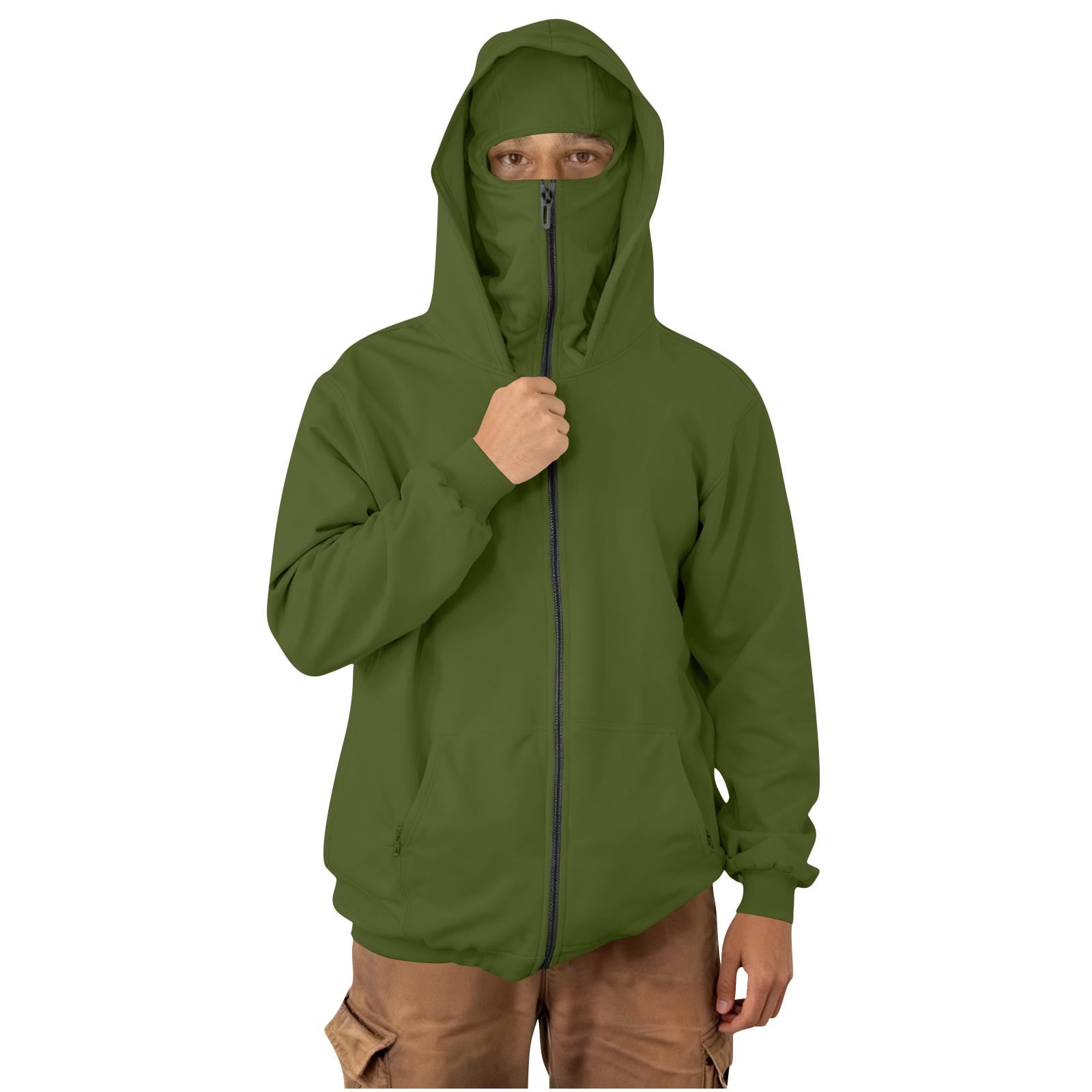 Mens Balaclava Hoodie Winter Double Hooded Zip Jacket Loose Fit Zip Up Fashion Hoodies Jacket Fleece-Lined Hoodie with Built-In Balaclava Wind-Resistant Streetwear Sweatshirt with Ski Mask