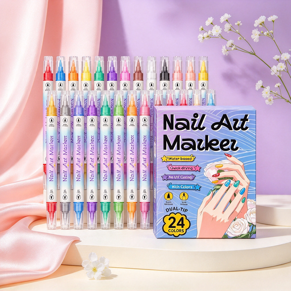 Dual Tip Nail Art Pens, Fine Liner & Soft Brush Nail Markers for Detail & Color