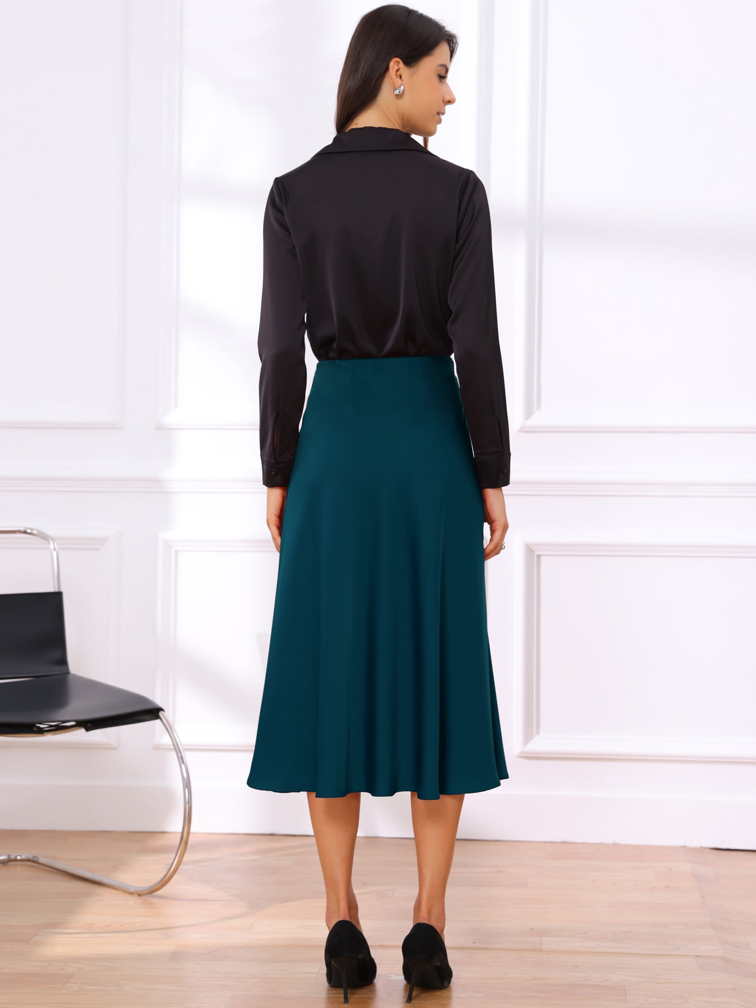 DARING DIVA Women's High Waist Satin Flared A Line Midi Skirts XL Lake Blue
