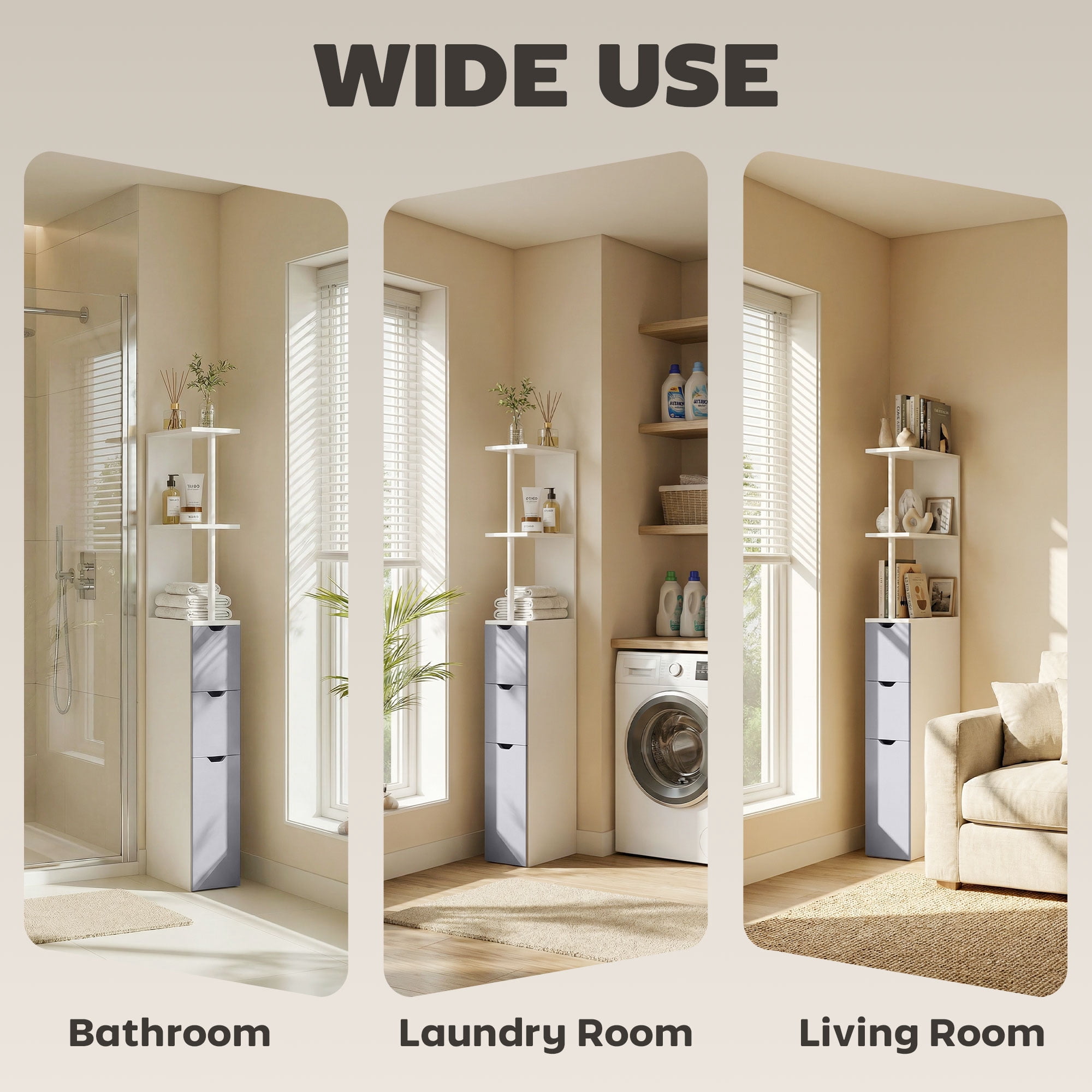 HOQBN 54" Tall Bathroom Storage Cabinet, Linen Tower with Shelf and Drawers, Narrow Side Floor Organizer, Grey and White