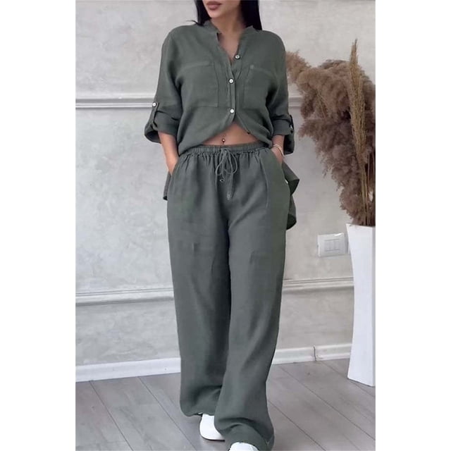 Conjunto informal de 2 piezas para mujer, traje holgado elegante con cuello en V, camisa de manga larga, pantalones informales, moda deportiva, primavera y verano