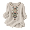 thumbnail image 2 of longantii Embroidered Tops for Women 3/4 Sleeve Boho Cotton Linen Shirts Plus Size V Neck Tunic Peasant Clothes White XL, 2 of 5
