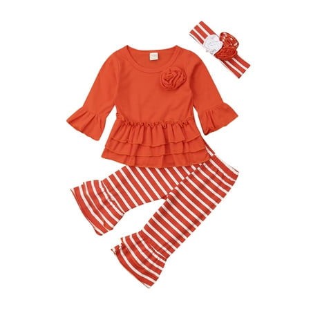 

EYIIYE 4PCS Baby Girl Autumn Solid Color Long Sleeve Flower Decorated Tops Striped Long Pants with Headband Set
