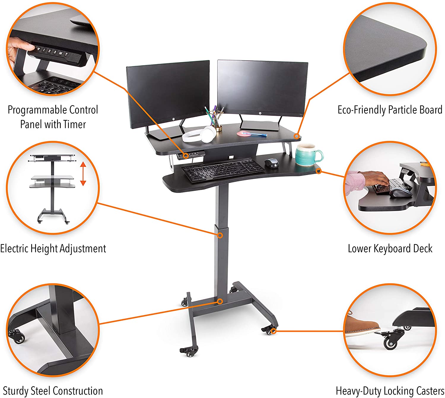 Stand Steady Electric Mobile Podium with Keyboard Tray | Height Adjustable Stand Up Workstation with Locking Wheels | Go from Sitting to Standing with Programmable Control Pad (Black)