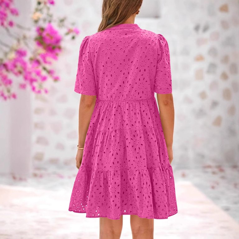 Lodgix Eyelet Summer Dresses for Women Mini Casual Hollow Out Short Sleeve  Lace Tiered V Neck Shift Dress with Pockets Hot Pink-L - Walmart.com