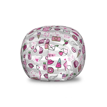 Emoticon Storage Toy Bag Chair  Memphis Doodle Lip Star Strawberry Speech Bubble on Stripe Pattern  Stuffed Animal Organizer Washable Bag  Small Size  Pale Grey White Magenta  by Ambesonne
