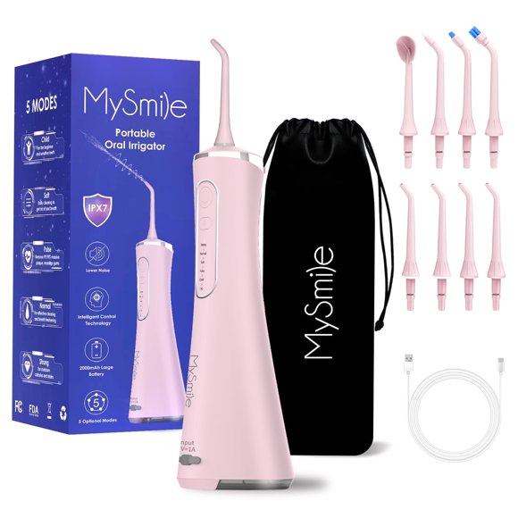 MySmile LP211 Cordless Water Flosser Oral Irrigator Portable Dental Flossing, 8 Jet Tips, Pink