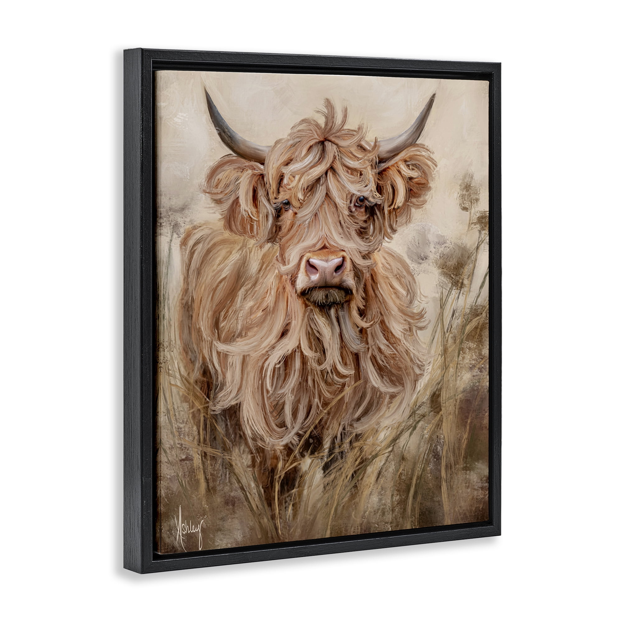 Curly Haired Highland Cattle Black Framed Floater Canvas Wall Art, design by Ashley Bradley