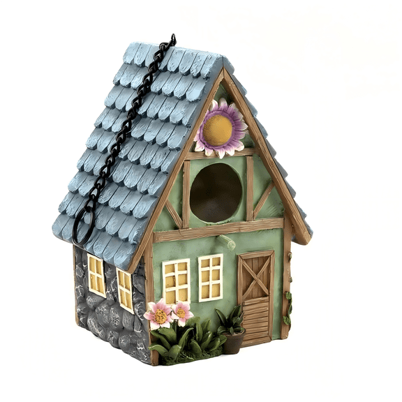 Cottage Birdhouse with Floral Accents, Hanging Birdhouse for Outside, Resin Birdhouses for Bluebird Sparrow Finch Cardinals Garden, Patio, Yard