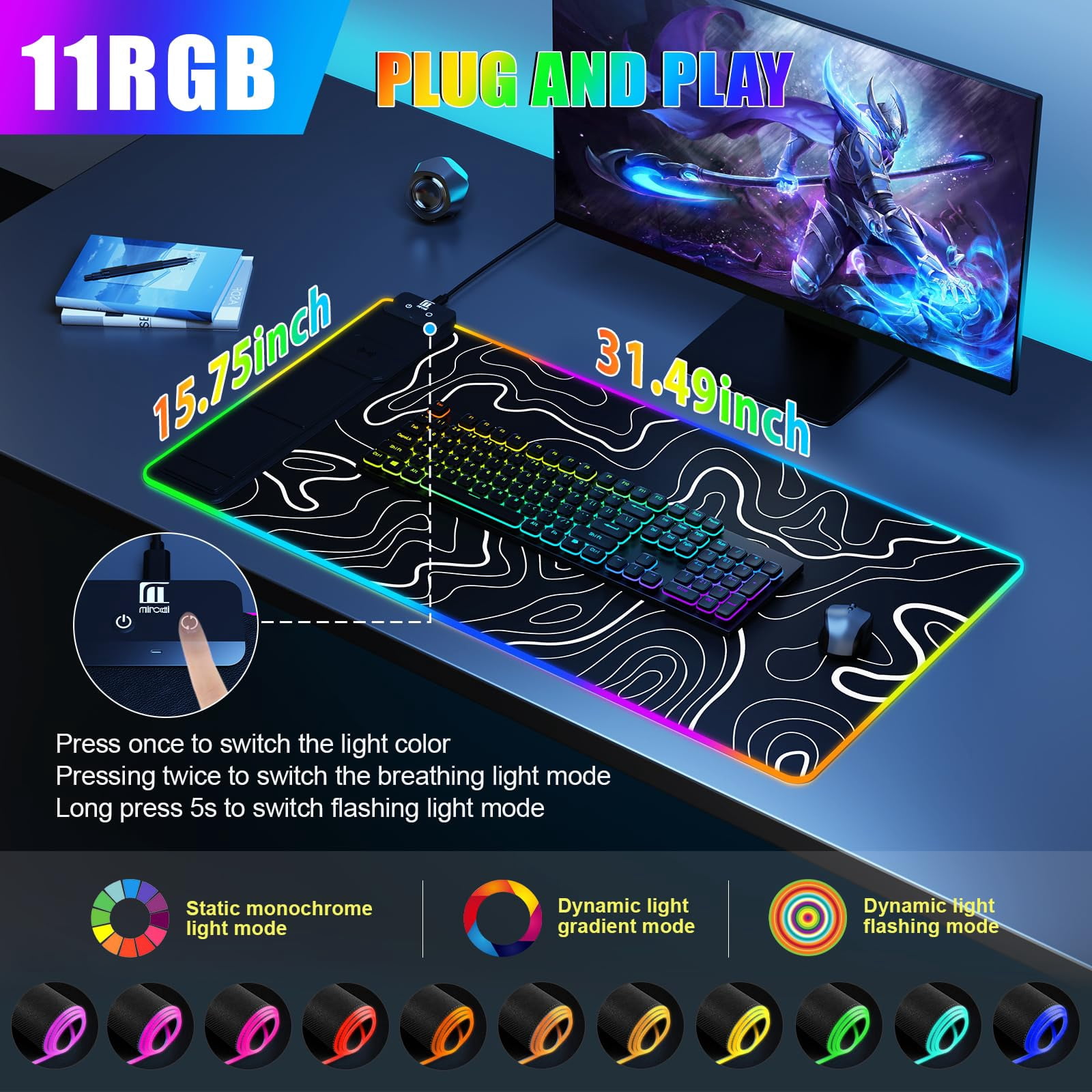 Miroddi RGB Gaming Mouse Pad with Wireless Charger, LED Mouse Mat with Phone Holder, Ultra-Smooth Surface, Non-Slip Rubber Base, Waterproof Keyboard Pad