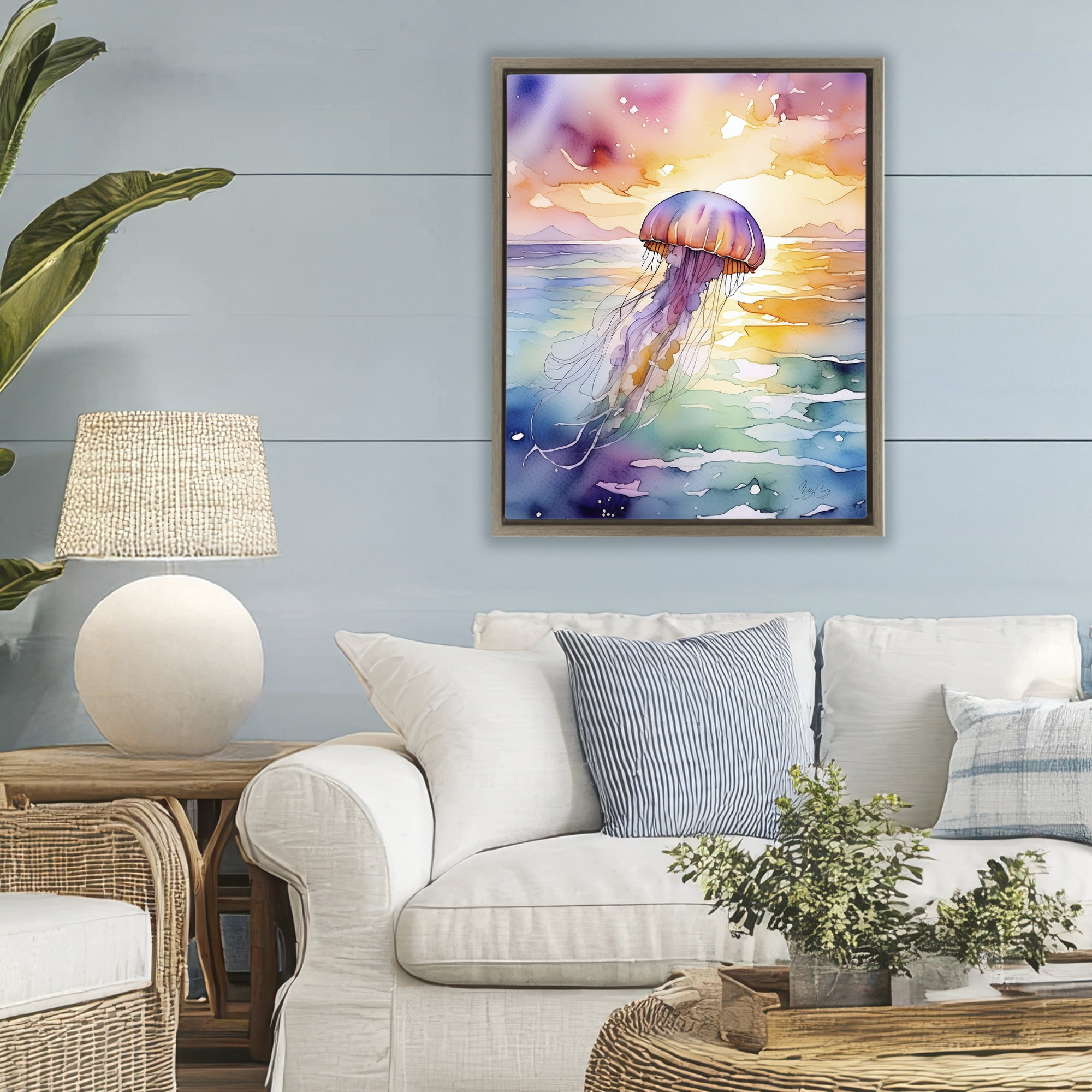 Stupell Industries Celestial Drift Jellyfish Brown Framed Floater Canvas Wall Art, design by Shelly Craig