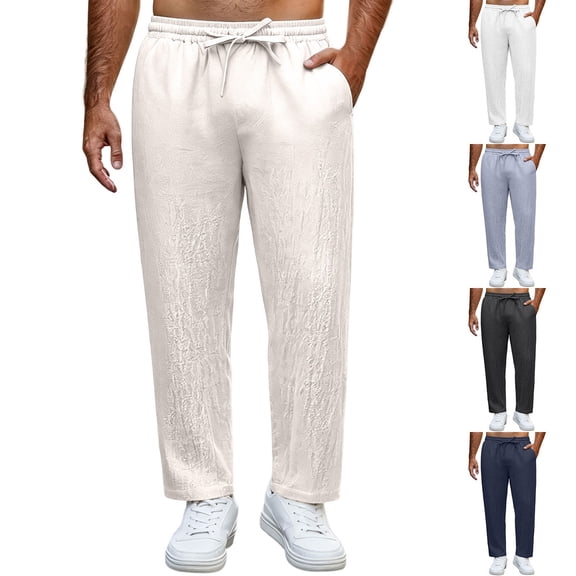 LIaqionyy Big and Tall Cotton Linen Pants for Mens Drawstring Elastic Waist Lightweight Lounge Trousers with Pockets