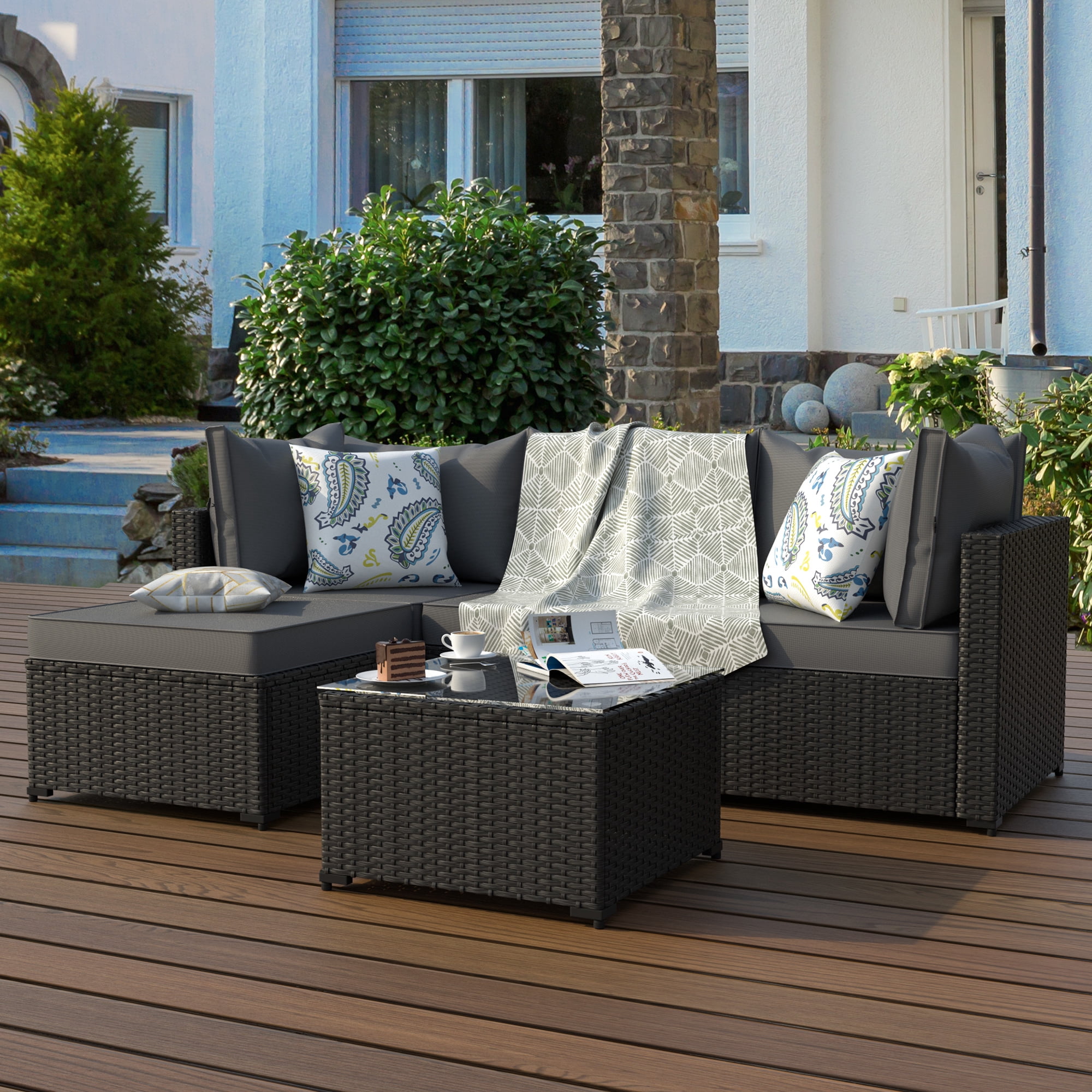 Phonjoroo 5pcs Patio Furniture Sets All Weather Outdoor Sectional Sofa Manual Weaving Wicker Rattan Outdoor Conversation Set with With Cushion And Glass Table, Grey