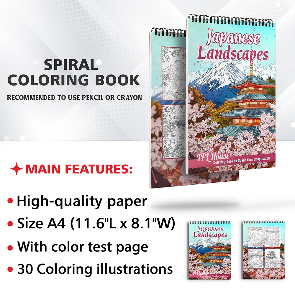 TPLHOUSE Japanese Landscapes Coloring Book for Adults, Spiral Bound, Soft Cover