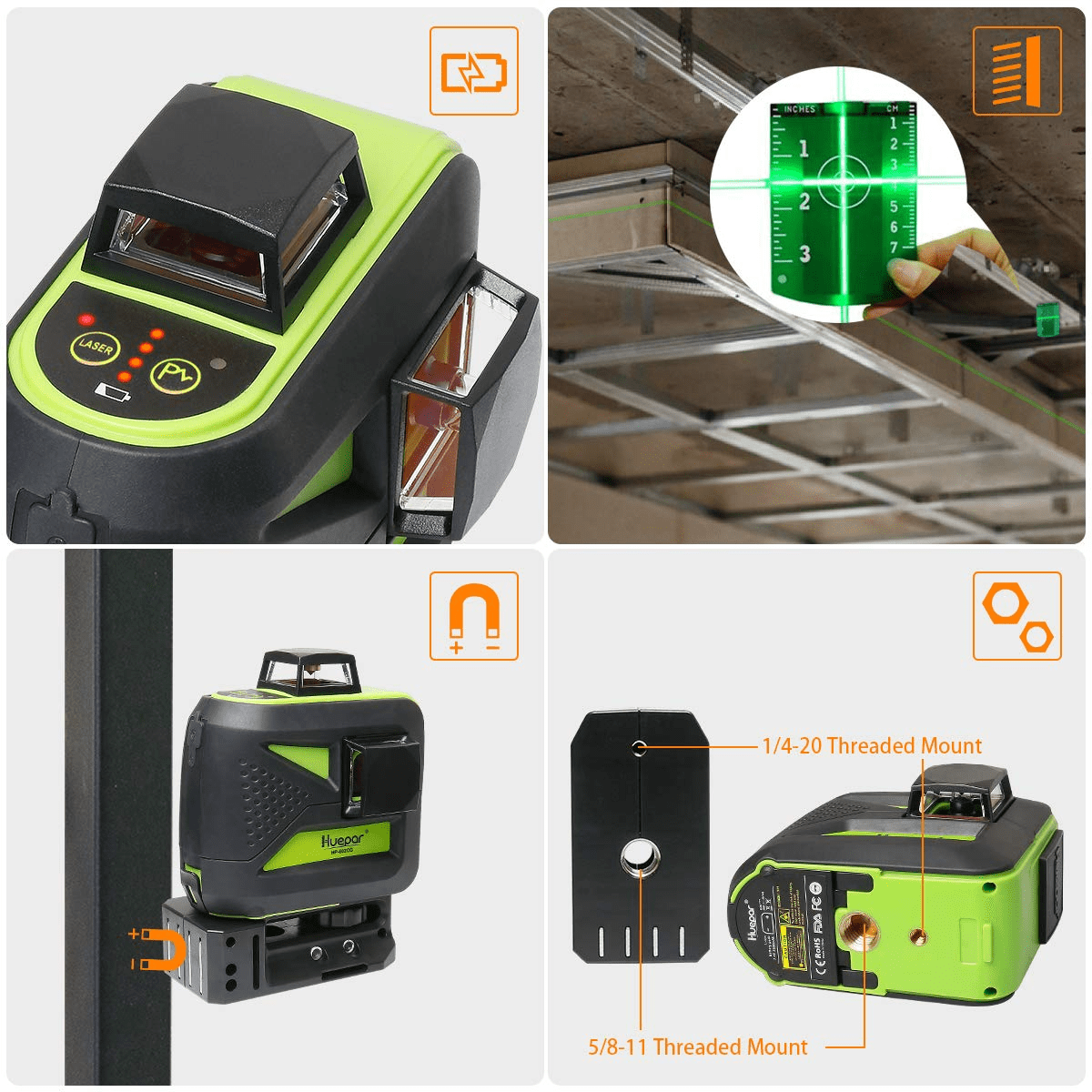 Huepar 2 x 360° Green Beam Cross Line Laser Level Self-Leveling Laser Level  Tools with Magnetic Pivoting Base 602CG 