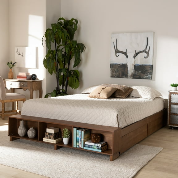 Baxton Studio Arthur Full Size Modern Wood Platform Bed with Built-In Shelves, Ash Walnut Brown