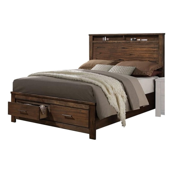 Benjara Wooden Eastern King Size Bed with Open Shelves and Drawers- Brown