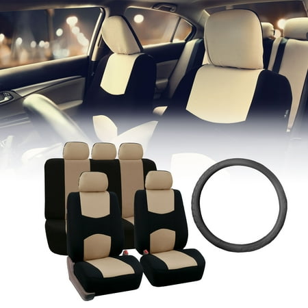 Flat Bench With Wheels FH Group Flat Cloth Seat Covers for Auto, Split Bench Full Set with Leather Steering Wheel Cover, Beige Black ()