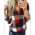 thumbnail image 1 of Womens Basic Casual V Neck Plaid Print Cuffed Long Sleeve Work Tops Blouses Shirts Red 4XL, 1 of 9