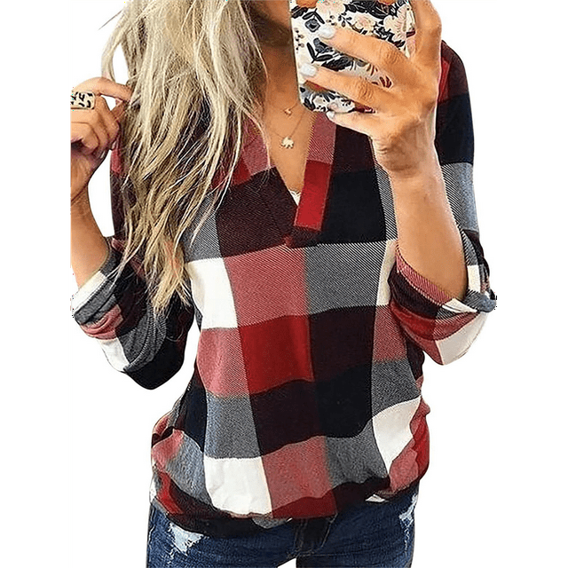 Womens Basic Casual V Neck Plaid Print Cuffed Long Sleeve Work Tops Blouses Shirts Red 4XL