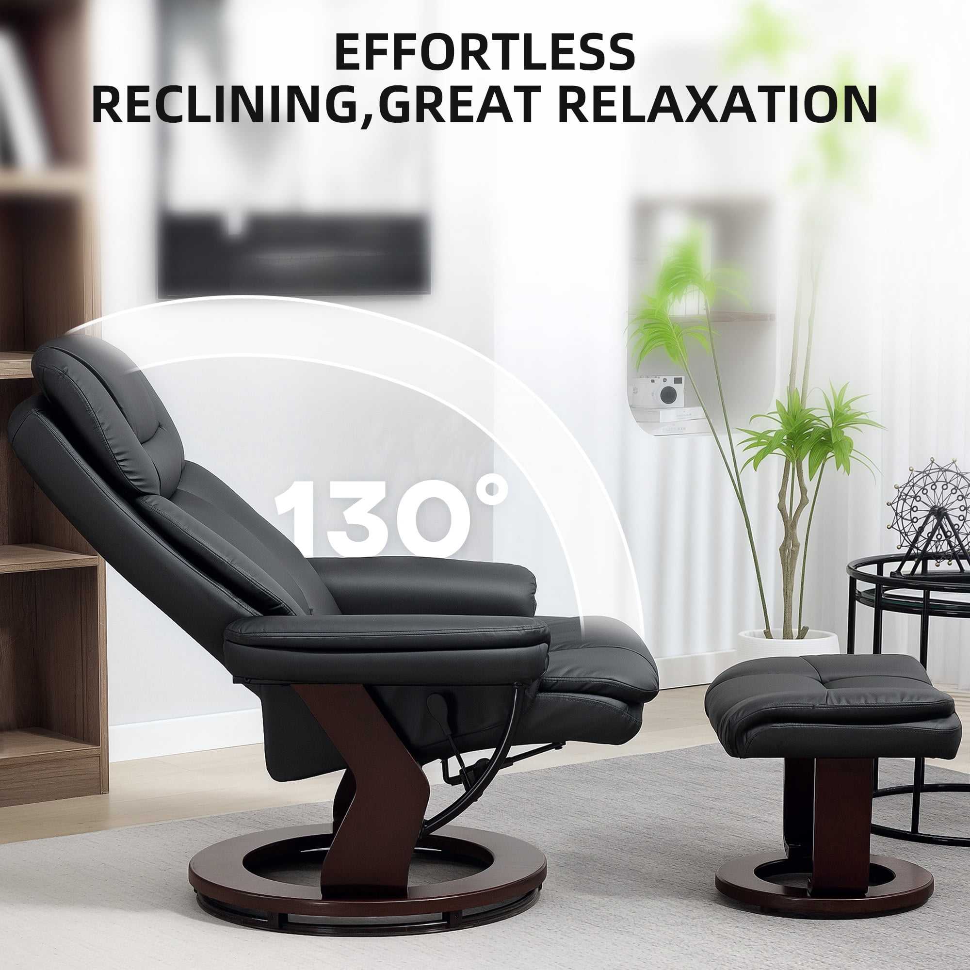 HOMCOM Swivel Recliner Chair with Ottoman, PU Leather Upholstered Reclining Chair with Footrest, for Living Room, Bedroom, Office, Black
