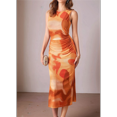 thumbnail image 4 of Floral Summer Dresses for Women Bodycon Sleeveless Midi Dress Side Slit Wedding Cocktail Party Dresses Orange Color S, 4 of 9