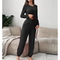 thumbnail image 3 of SWSMCLT Women's Long Sleeve Pajamas Set Pj Sleepwear Fall Elastic Waist Lounge Set Winter Pajama Set Crew Neck Loose High Waisted Closed Bottoms Drawstring Pants Black Large, 3 of 5